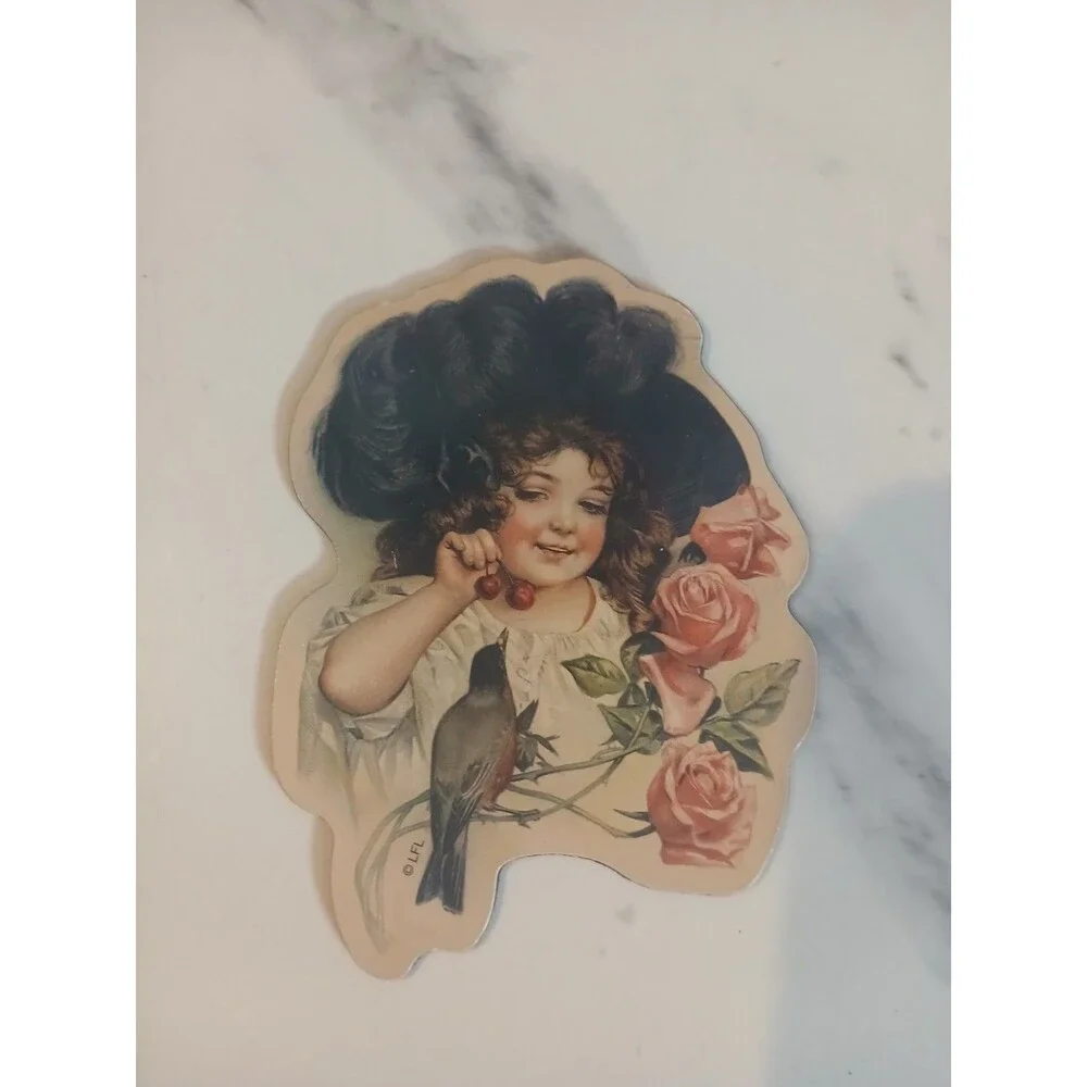 Vintage Victorian Style Little Girl  With Bird Magnet Floral Cottage Decor